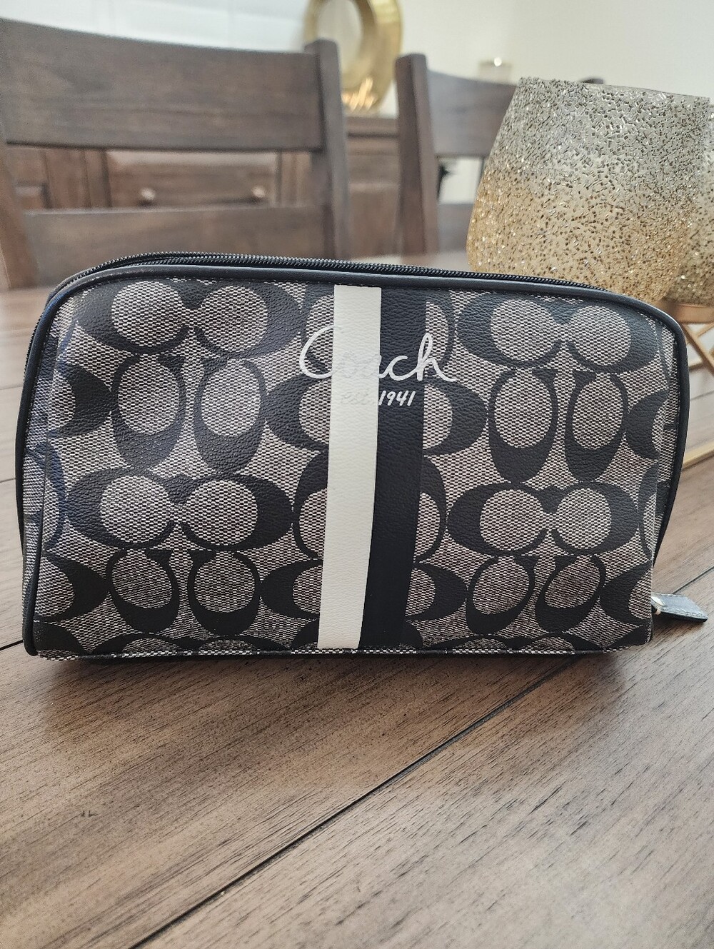 Coach Signature Coated Canvas Black/Gray Make-up Pouch Or Toiletry